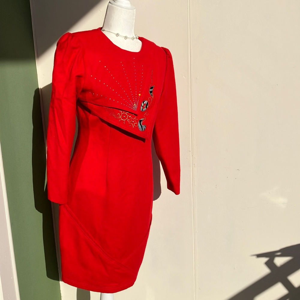 Vintage 80s Red Celestial Statement Collar Dress